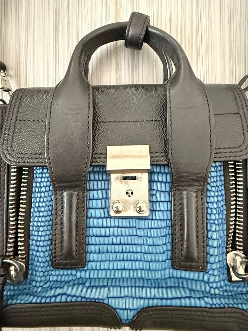 3.1 Phillip Lim Black/Blue Croc Embossed Leather Mini Pashli Satchel